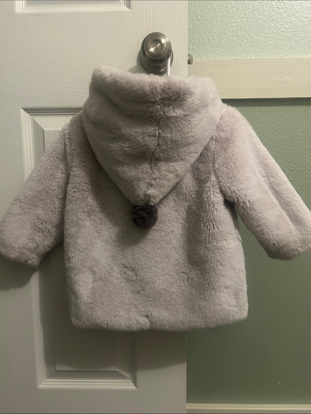 Zara Plush Hooded Faux Fur Jacket in Light Gray with Pom